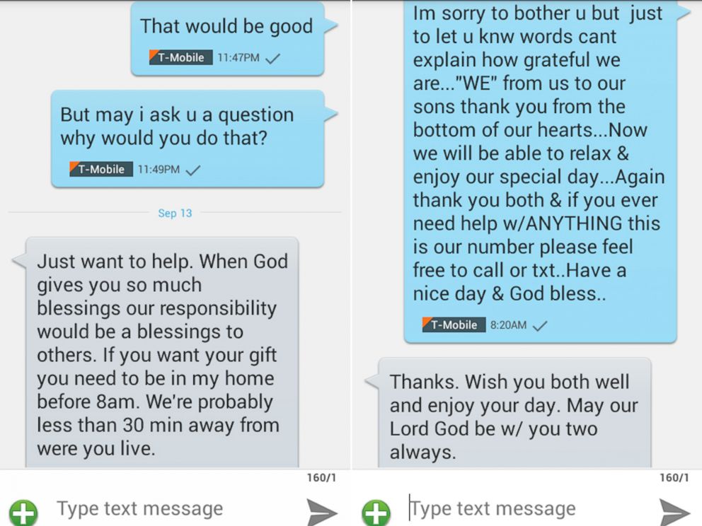 PHOTO: Asked by Raul Martinez in this text message why she would give money to a stranger, Judy Wehrman replied, "Just want to help."