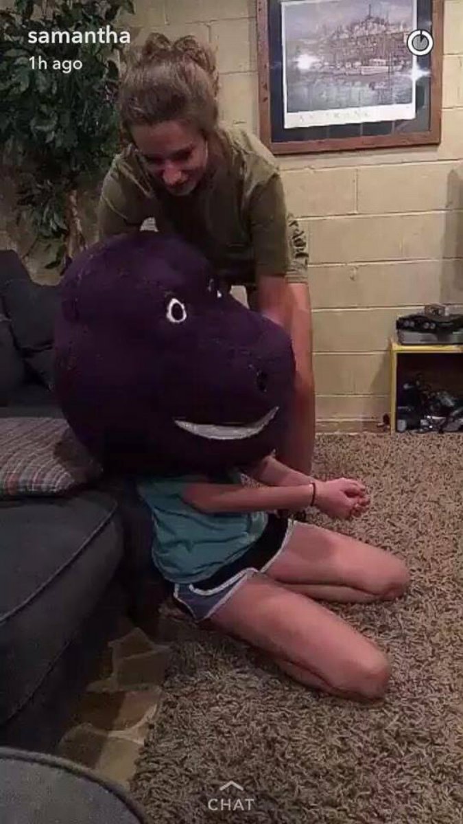 PHOTO: Firefighters in Trussville, Aalabama, helped 15-year-old Darby Risner get out of a giant 'Barney' head she got stuck inside of on June 19, 2016.