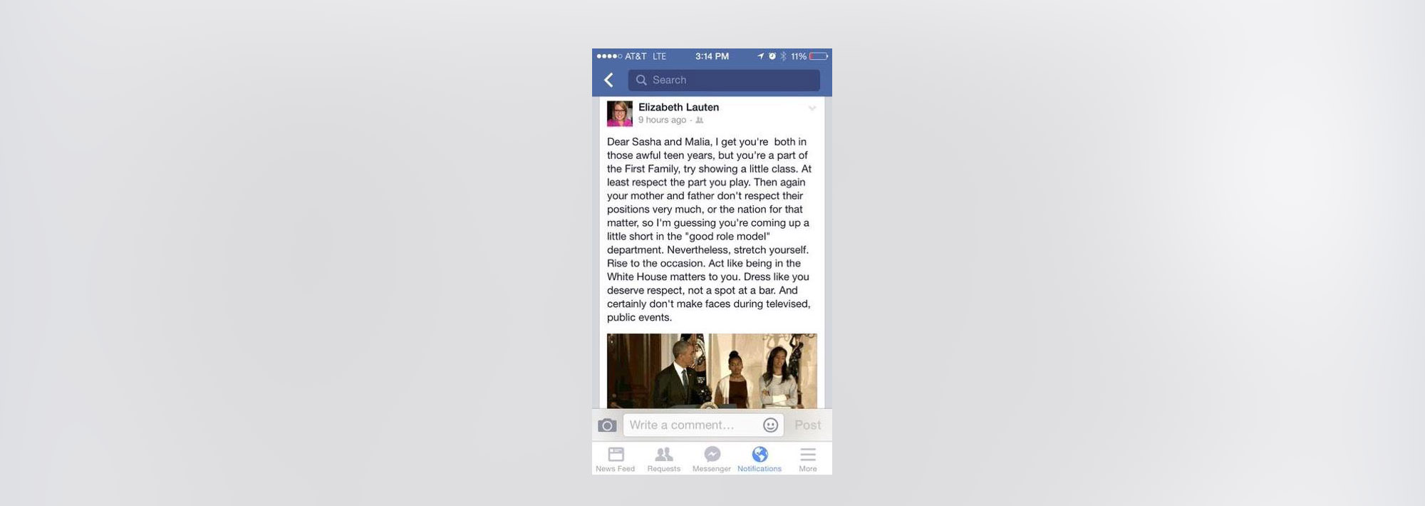 PHOTO: Elizabeth Lauten posted this status to Facebook criticizing Sasha and Malia Obama for their conduct during the turkey pardoning ceremony at the White House.