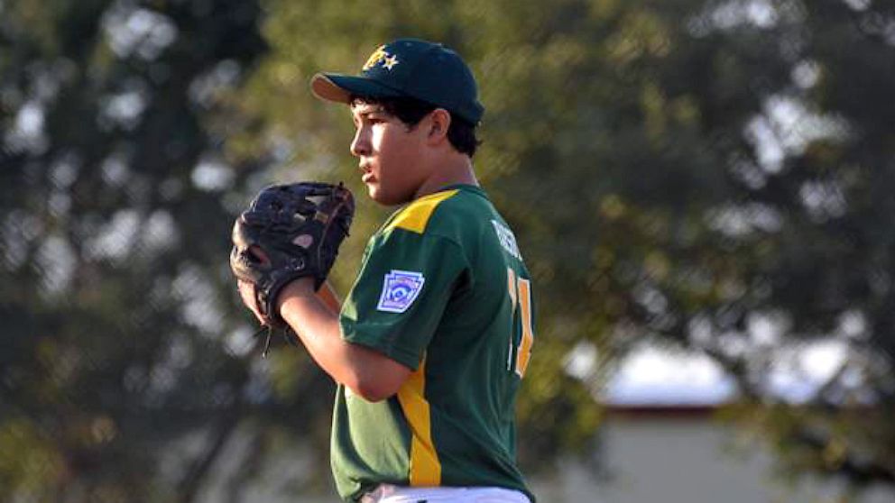 Twelve-year-old pitcher Emmett Parsutt Jr. was hit in the head by a line drive at a Texas City, Texas, Little League game, July 1, 2013. 