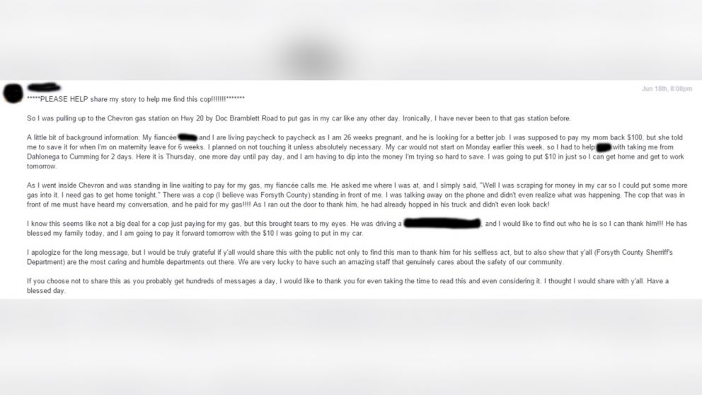 After an officer anonymously paid for a woman's gas, she sent a Facebook message to the sheriff's office.