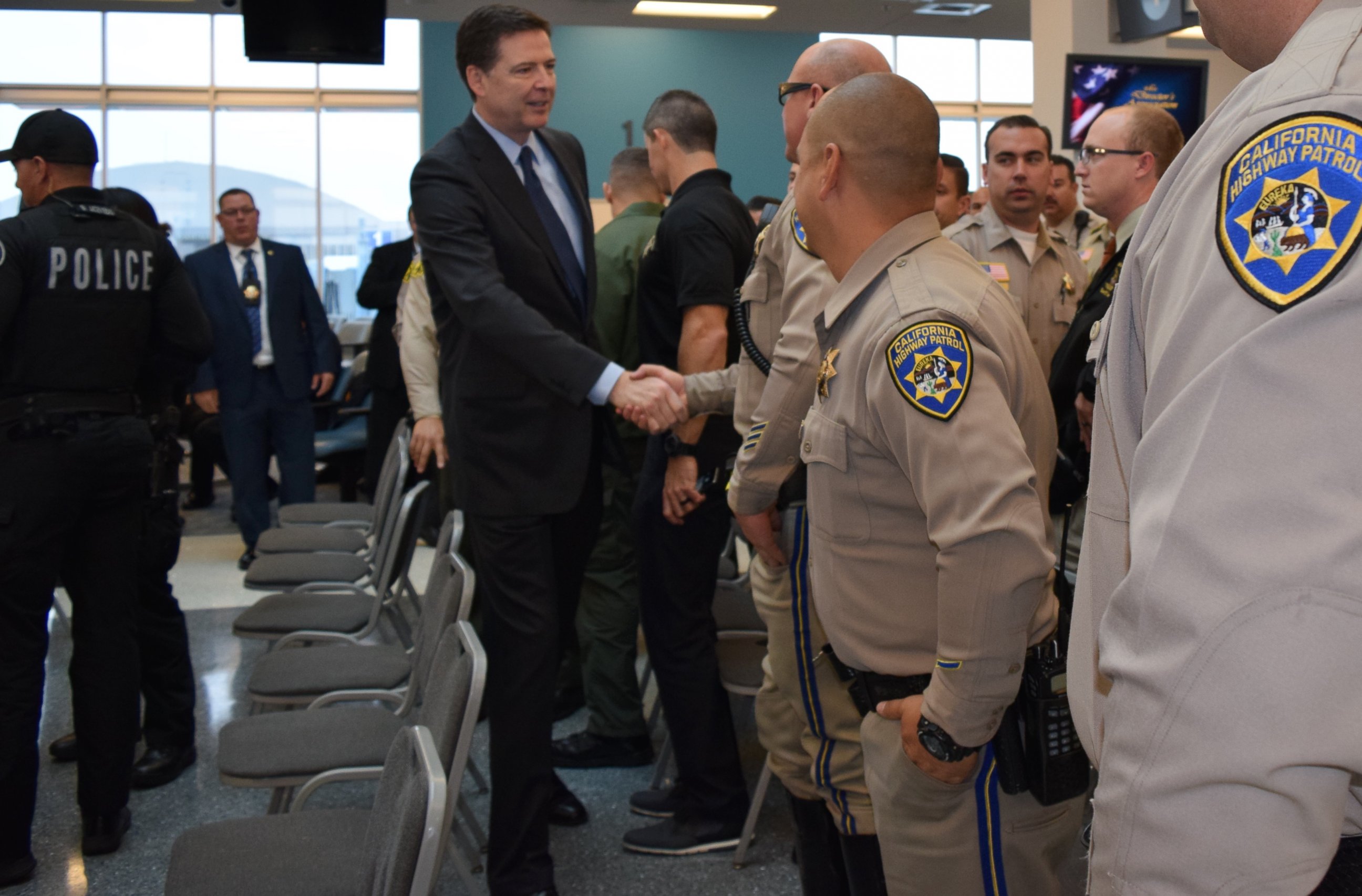 PHOTO: FBI Director James Comey and David Bowdich, Assistant Director in Charge of the FBI's Los Angeles Field Office, met with law enforcement who responded to the San Bernardino attack, Dec. 22, 2015.