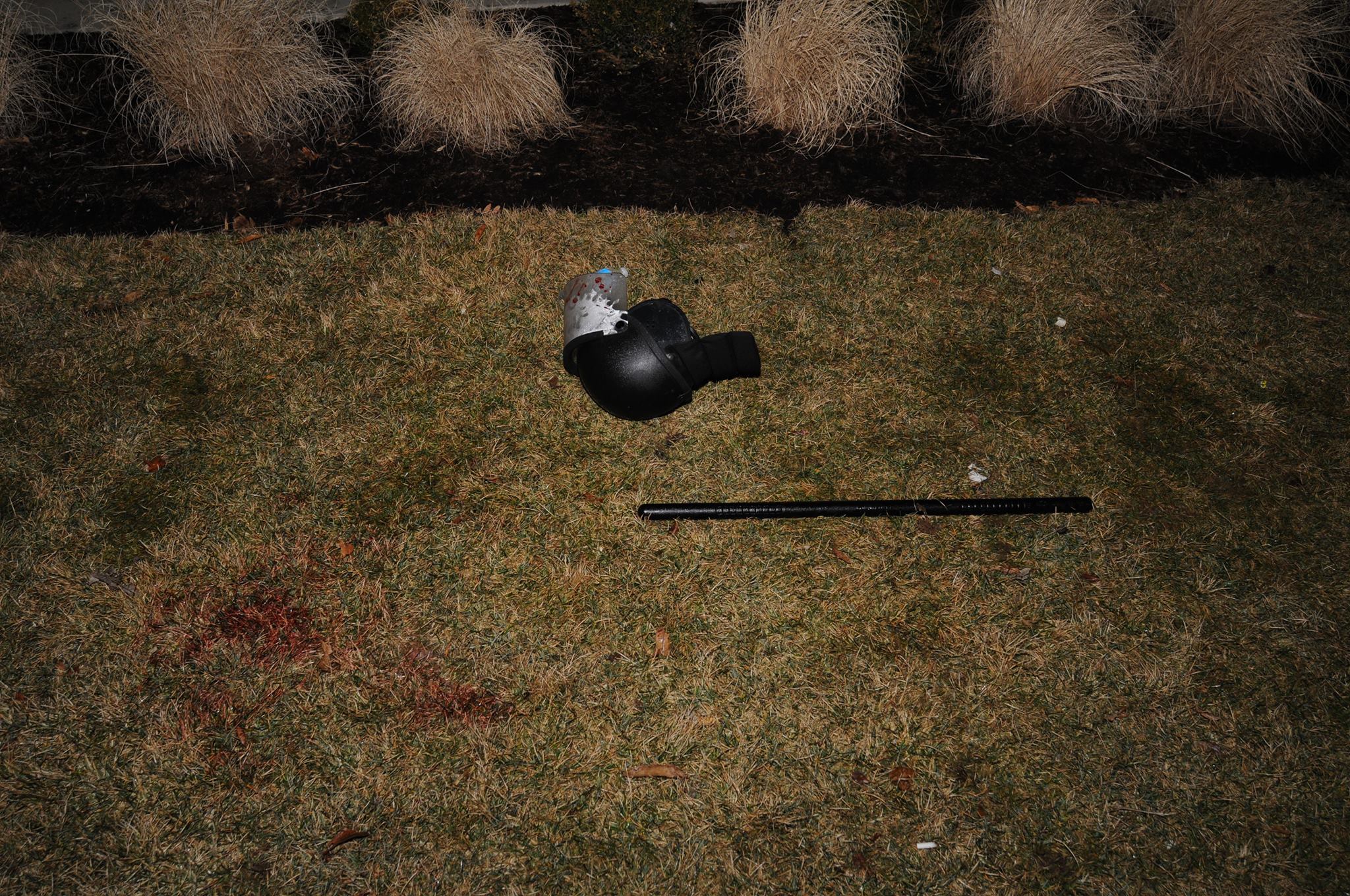 PHOTO: The St. Louis County Police posted images on their Facebook page of a bloodied police helmet on the ground after two police officers were shot outside of the Ferguson Police Department early March 12, 2015.