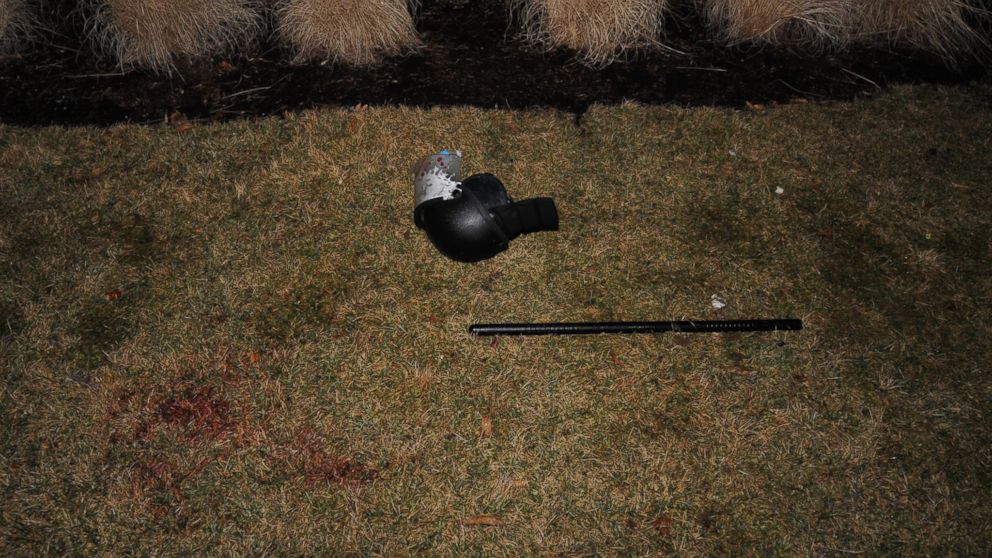PHOTO: The St. Louis County Police posted images on their Facebook page of a bloodied police helmet on the ground after two police officers were shot outside of the Ferguson Police Department early March 12, 2015.