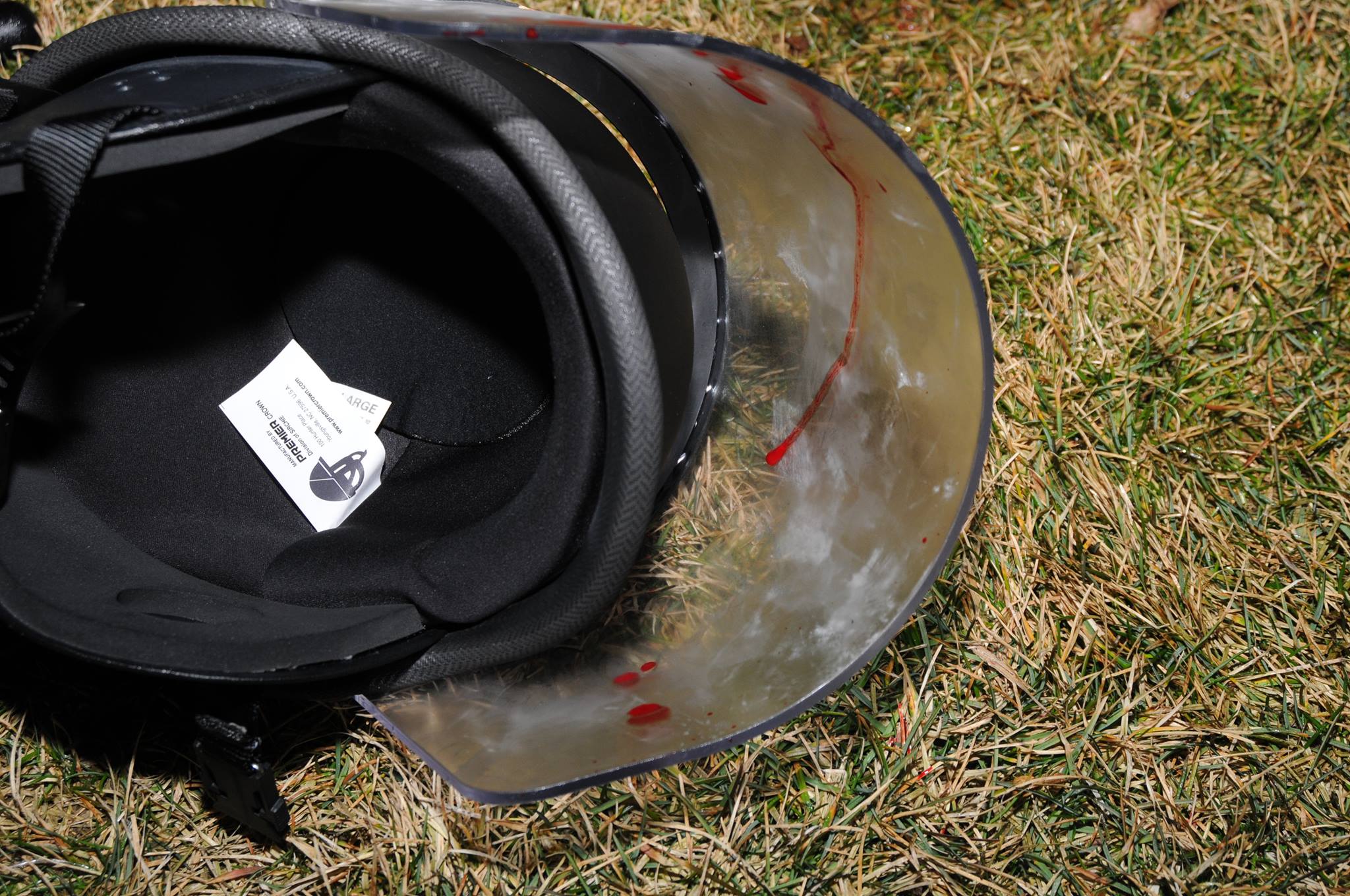 PHOTO: The St. Louis County Police posted images on their Facebook page of a bloodied police helmet on the ground after two police officers were shot outside of the Ferguson Police Department early March 12, 2015.