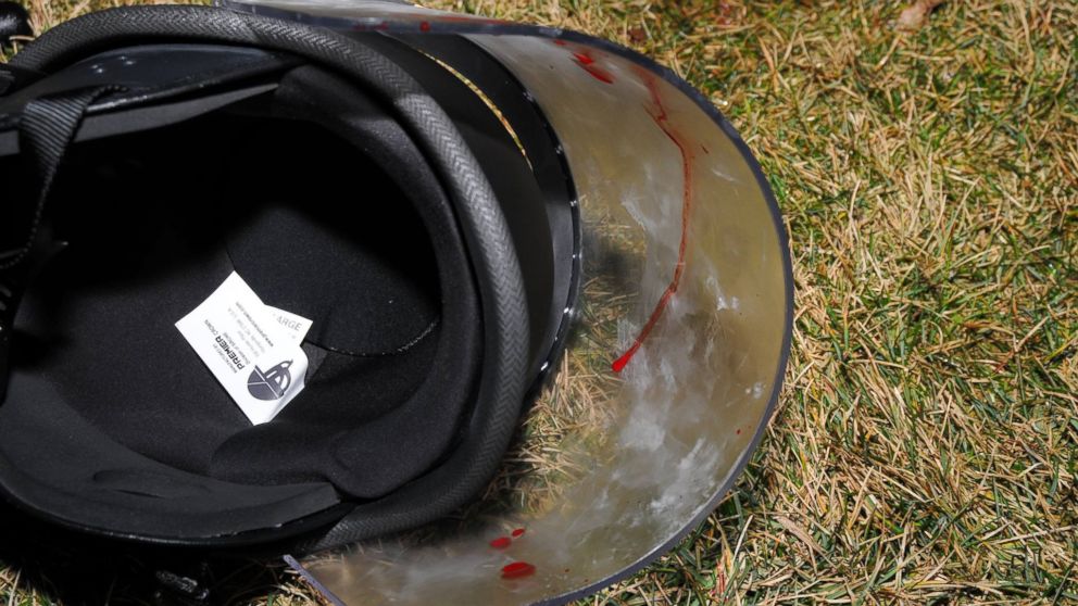 PHOTO: The St. Louis County Police posted images on their Facebook page of a bloodied police helmet on the ground after two police officers were shot outside of the Ferguson Police Department early March 12, 2015.