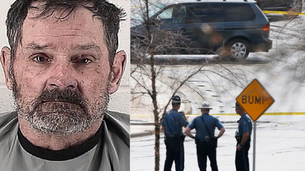 Left, Frazier Glenn Cross is seen in this April 13, 2014 booking photo; right, Kansas State Troopers stand outside a police line near the location of a shooting at the Jewish Community Center in Overland Park, Kan., on April 13, 2014. 