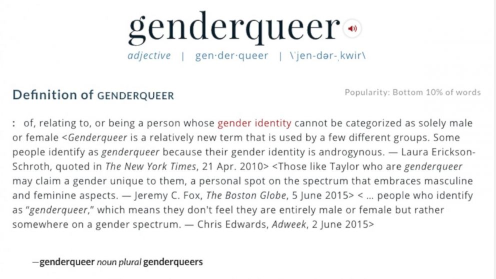 PHOTO:This screenshot from Merriam-Webster's website shows the definition of "genderqueer," which was added to Merriam-Webster Unabridged on April 20, 2016. 