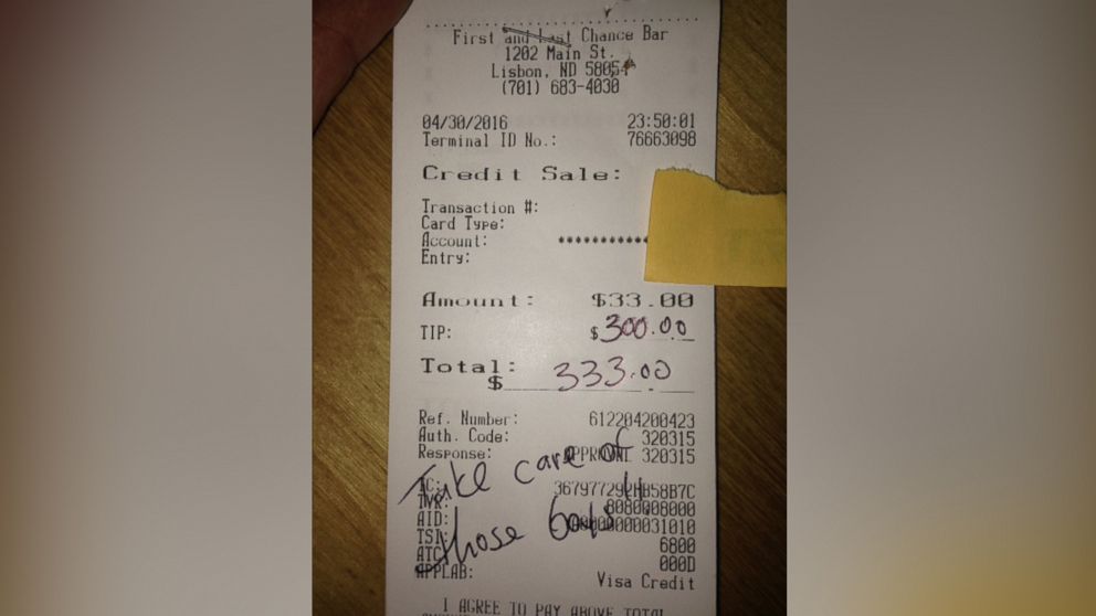 PHOTO: Shiela Weisgerber, 48, a bar tender in North Dakota, says she cried after receiving this $300.00 tip from a couple who heard her talking about her 4-year-old triplet grandsons who she has been raising since they were two months old. 