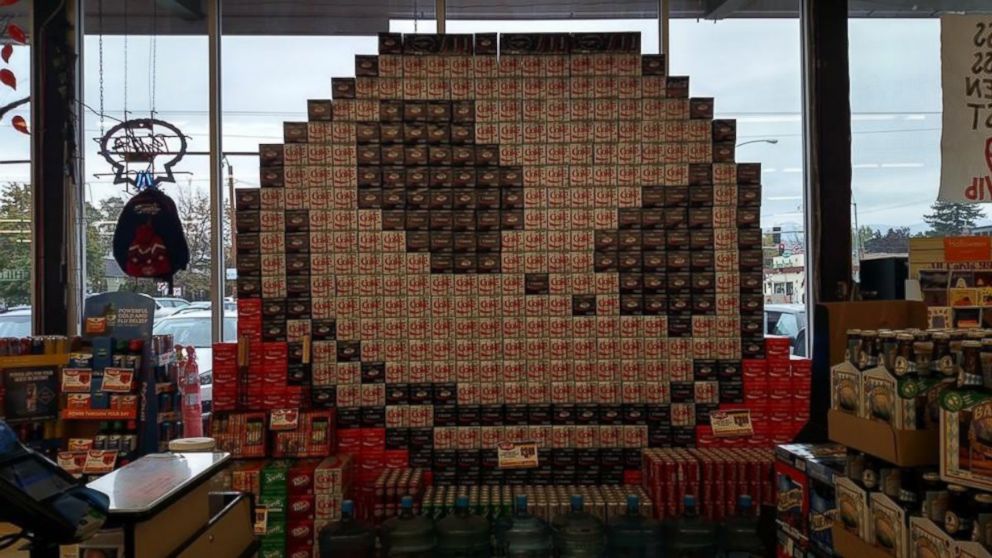 PHOTO: A "The Nightmare Before Christmas"-themed window display made from 12-pack boxes of soda is pictured here at Orange Street Food Farm in Missoula, Montana. 