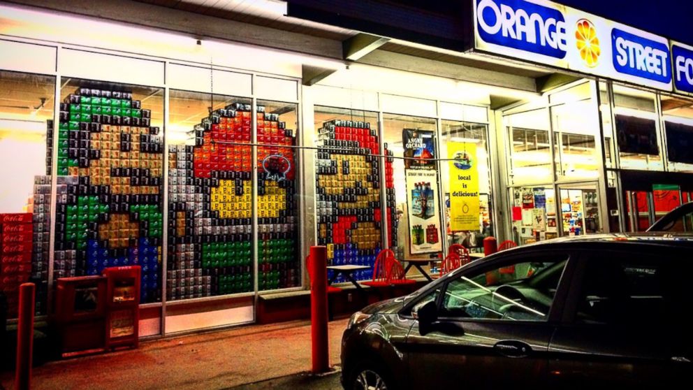 PHOTO: A "Super Mario Bros"-themed window display made from 12-pack boxes of soda is pictured here at Orange Street Food Farm in Missoula, Montana. 