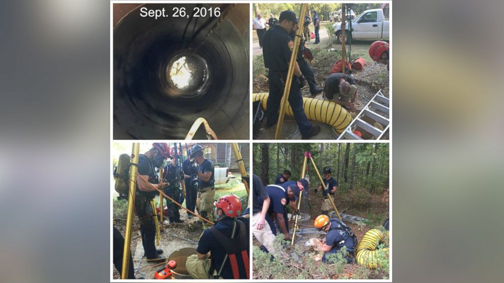 PHOTO: Firefighters and animal control officers in Henry County, Georgia, rescued a dog that got trapped in a 40-foot-deep well in McDonough, Georgia, on Sept. 26, 2016