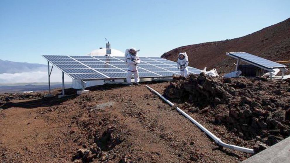 PHOTO: The HI-SEAS Mars Mission crew and simulator at Mauna Loa volcano, in Hawaii.