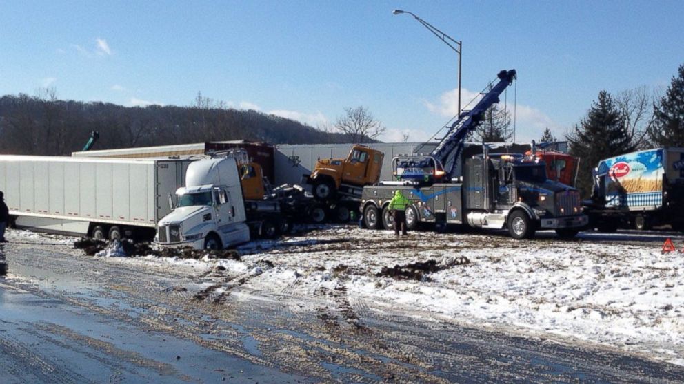 PHOTO: Sgt. Stephen Wheeles posted this photo of a crash near the Indiana-Ohio state line, Jan. 12, 2016, with this message: "Crews working to clear I-74 crash near 168 mm.  Two crashes involving 40 vehicles total in half mile stretch." 