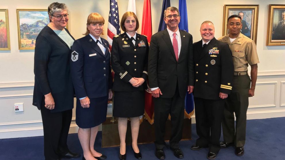 PHOTO: Army Intelligence Officer Captain Jennifer Peace and other transgender service members from SPARTA pose with Secretary of Defense Ash Carter on June 24, 2016.