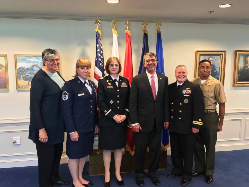 PHOTO: Army Intelligence Officer Captain Jennifer Peace and other transgender service members from SPARTA pose with Secretary of Defense Ash Carter on June 24, 2016.