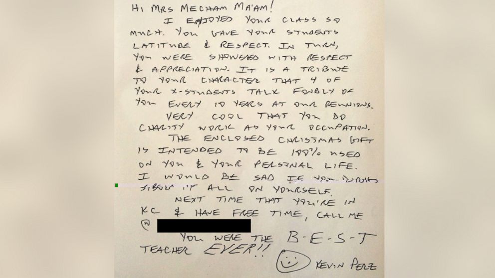 PHOTO: Kevin Perz sent this letter to his high school teacher with a $10,000 check enclosed. 