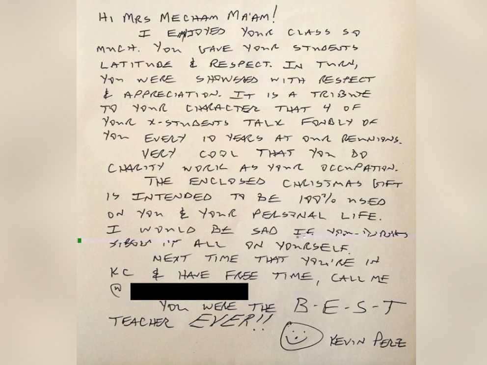 PHOTO: Kevin Perz sent this letter to his high school teacher with a $10,000 check enclosed. 