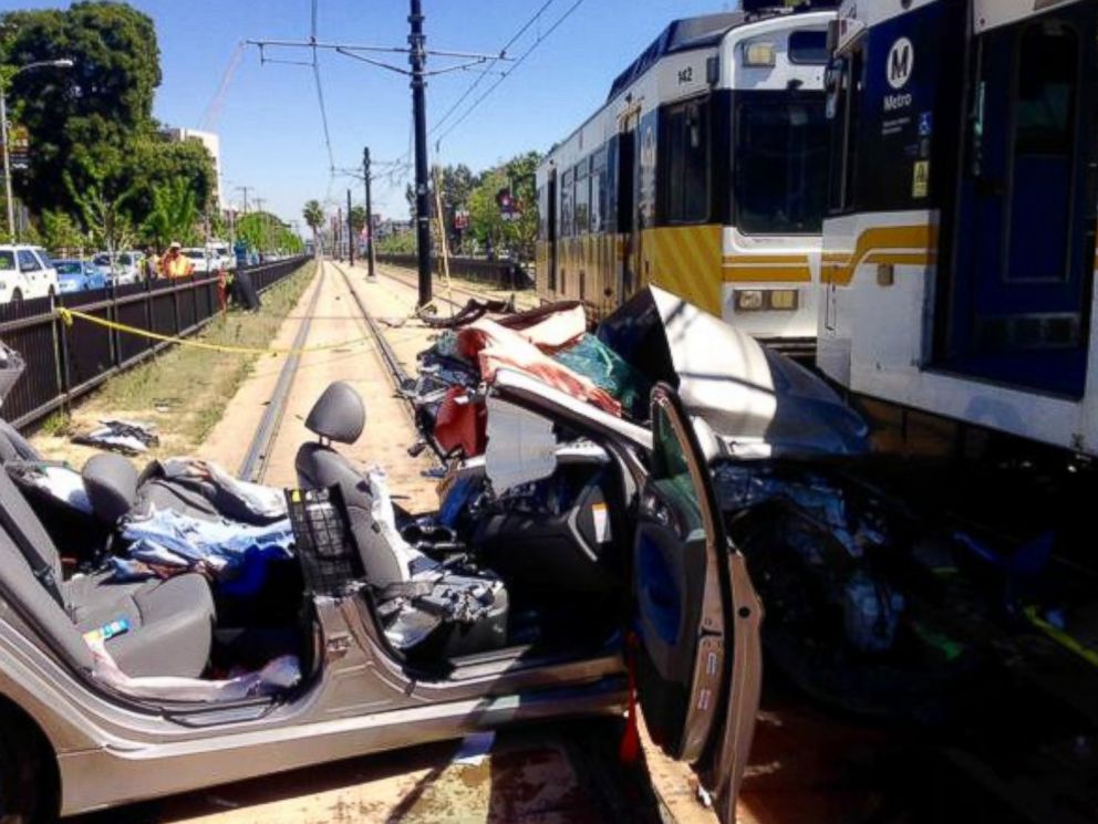 PHOTO: A car and metro link train collided near the USC campus in Los Angeles, Calif., March 28, 2015.