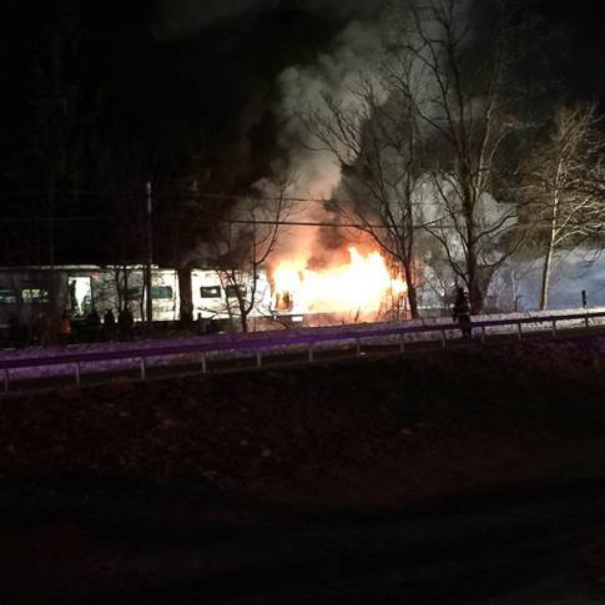 PHOTO: A Metro North train struck a car, sparking a fire, north of White Plains, N.Y., Feb. 3, 2015.