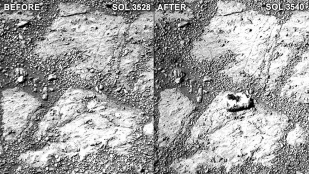 A comparison of two raw Pancam photographs from sols 3528 and 3540 of Opportunity's mission (a sol is a Martian day). Notice the "jelly doughnut"-sized rock in the center of the photograph to the right.