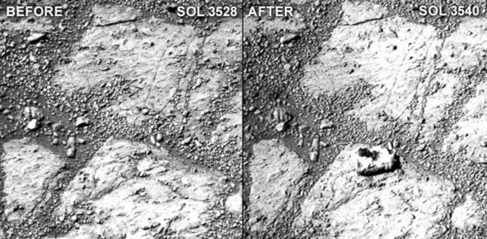PHOTO: A comparison of two raw Pancam photographs from sols 3528 and 3540 of Opportunitys mission (a sol is a Martian day). Notice the "jelly doughnut"-sized rock in the center of the photograph to the right. 