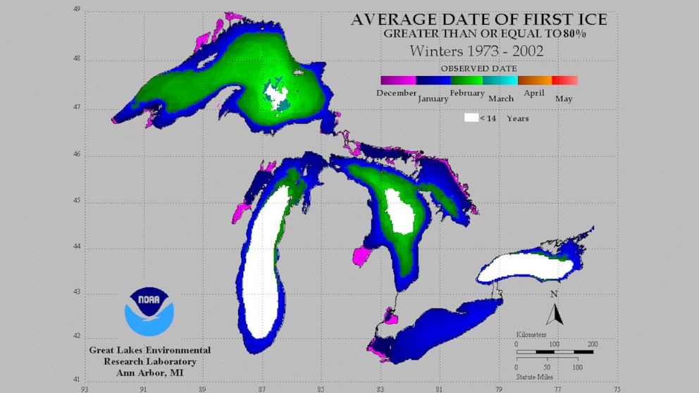 PHOTO: Ice, on average, usually begins to form in shallow parts of the Great Lakes