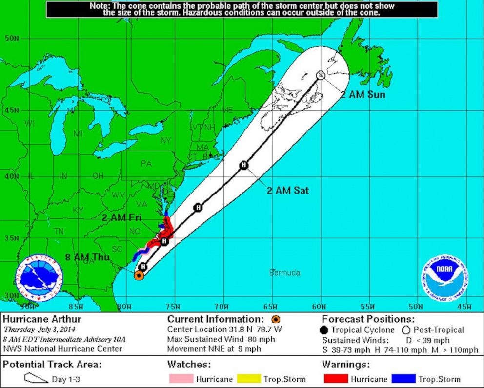 PHOTO: A National Weather Service map released July 3, 2014 shows the projected path of Hurricane Arthur.