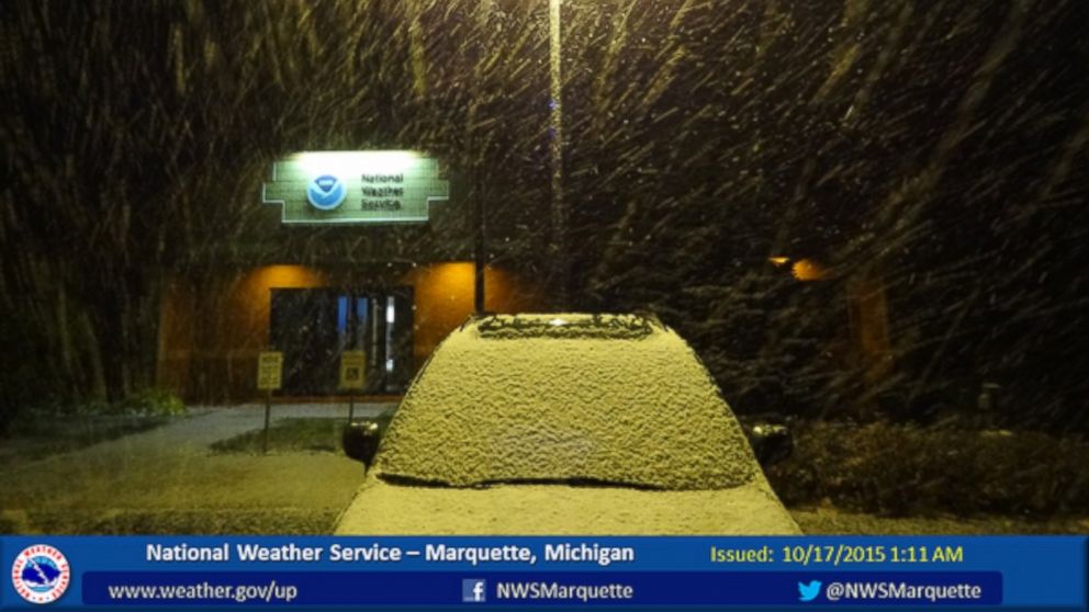 National Weather Service in Marquette, Michigan posted this photo to Twitter Oct. 17, 2015 with the caption, "Snow shower passed across our office around 1 AM EDT and left a quick half inch of accumulation."