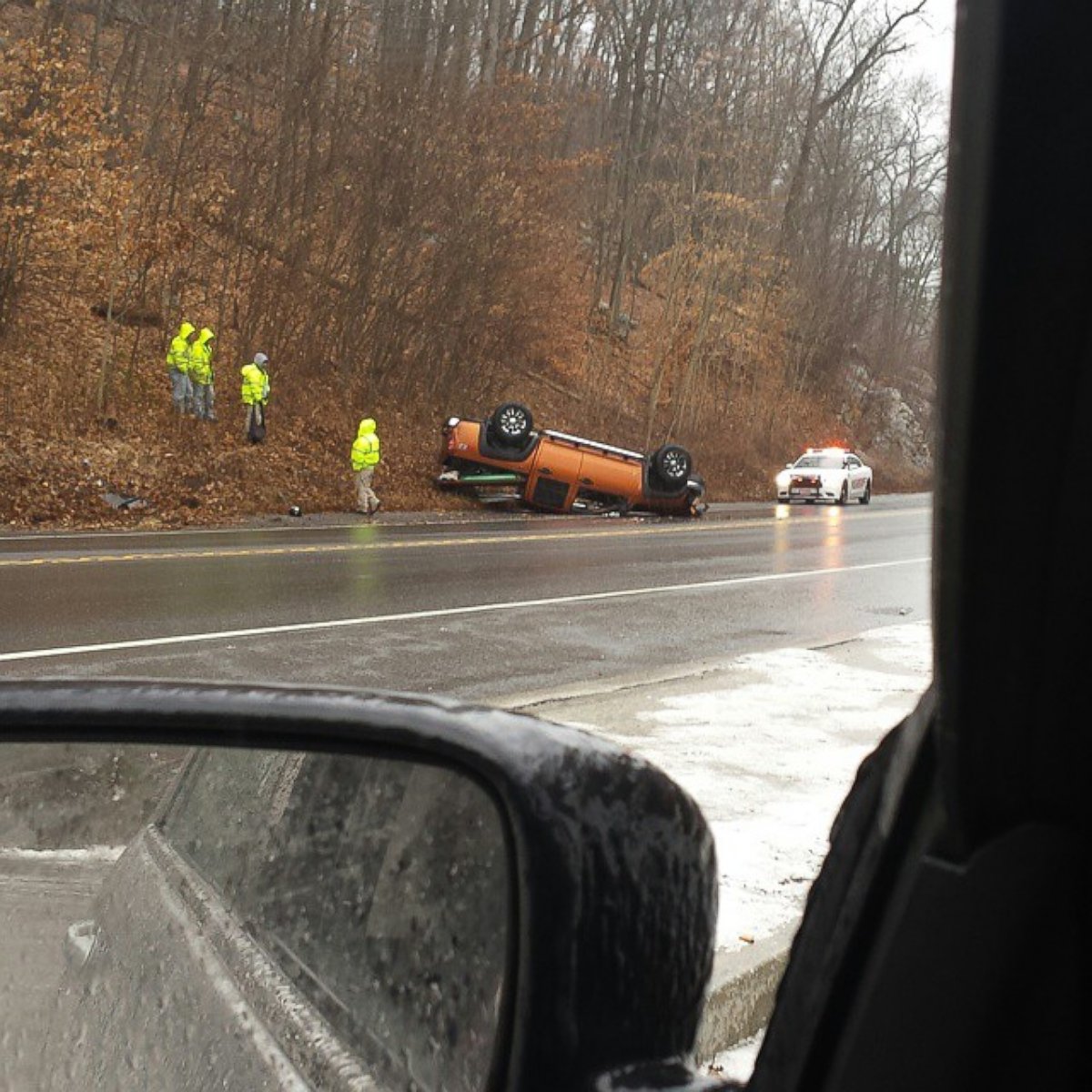PHOTO: An overturned car on Rt 9 between Peekskill and Cold Spring, NY, Jan. 18, 2015.