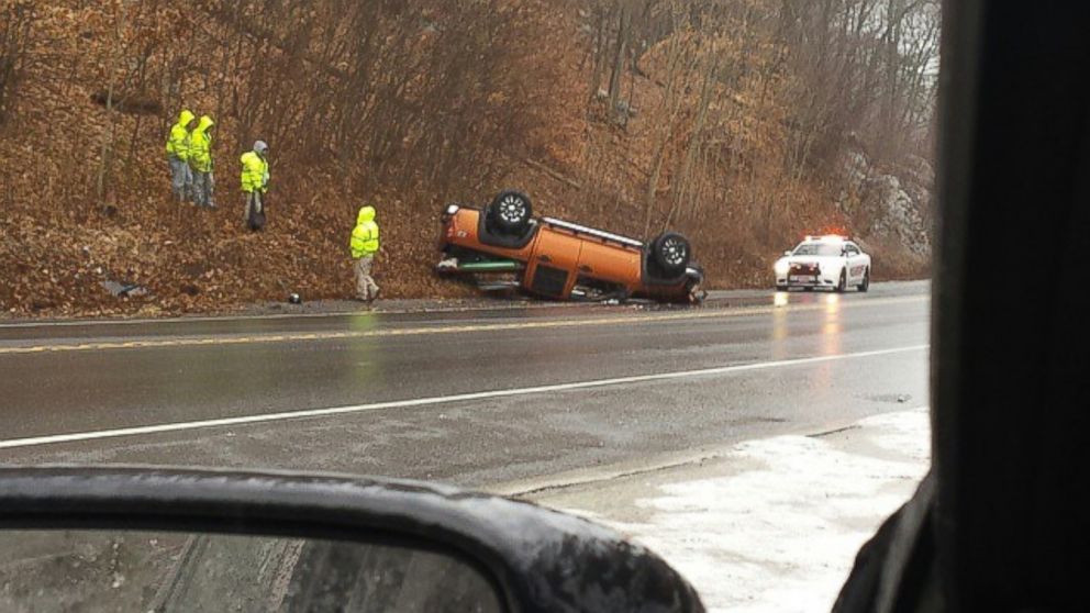 PHOTO: An overturned car on Rt 9 between Peekskill and Cold Spring, NY, Jan. 18, 2015.