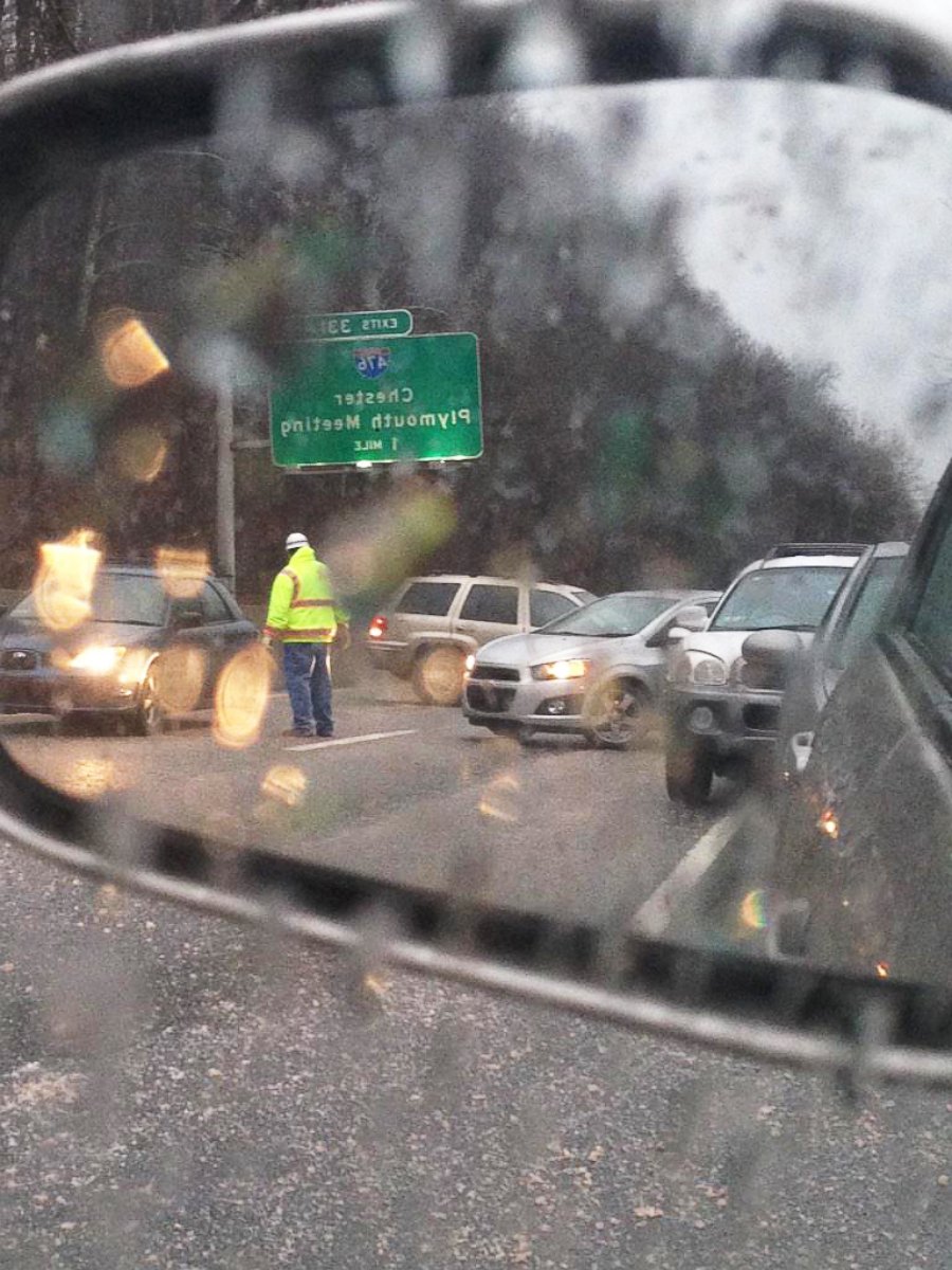 PHOTO: A reflection from a car side mirror near I76, "Massive clean up. Emergency responders are directing us out of here," Jan. 18, 2015.