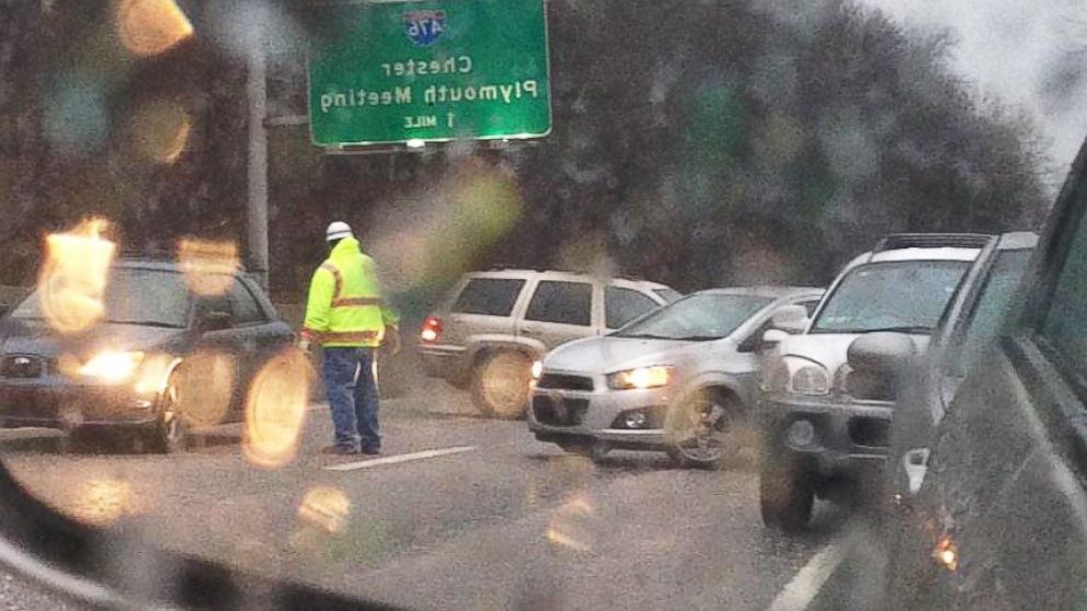 PHOTO: A reflection from a car side mirror near I76, "Massive clean up. Emergency responders are directing us out of here," Jan. 18, 2015.
