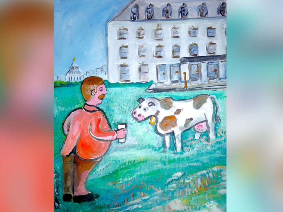 PHOTO: An original painting by Presidential Pet Museum founder Claire McLean depicting President William Taft enjoying milk from his cow, Pauline Wayne.