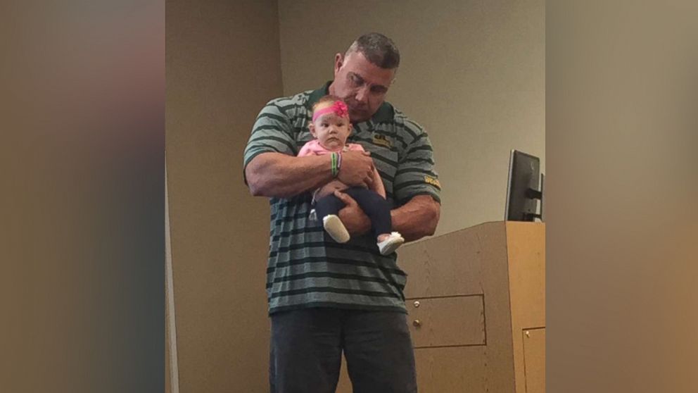 PHOTO: Baylor University professor Dr. Darryn Willoughby held his student Katy Humphrey's 4-month-old baby through an hour-long lecture after Humphrey's babysitter called in sick, she said. 