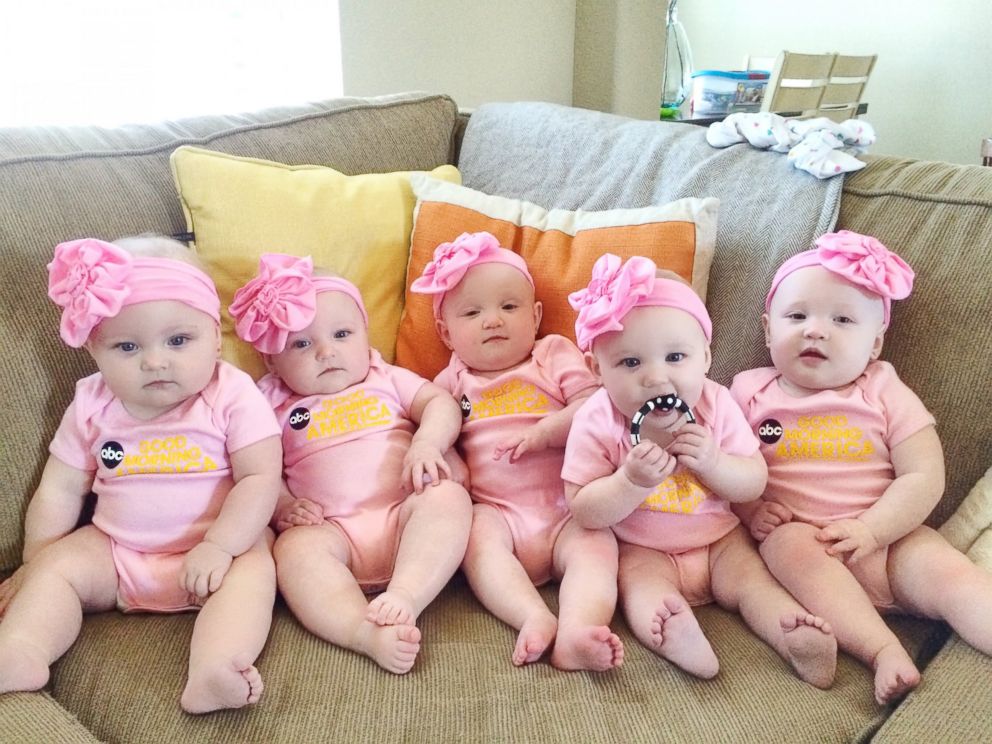 PHOTO: The Busby girls -- the only all-female quintuplets in the nation -- appeared on "GMA" on Friday. Ava, Olivia, Hazel, Parker, Riley Busby are now 10 months old.