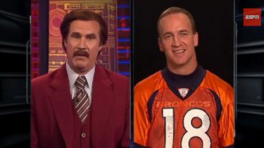 PHOTO: Peyton Manning is interviewed by Ron Burgundy in this video posted to Youtube: ESPN The Magazine: Ron Burgundy interviews Peyton Manning.