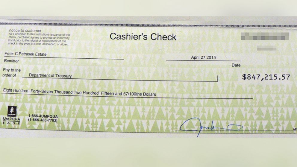 PHOTO: In April, as Seattle residents Peter and Joan Petrasek had wished in their wills, a cashier's check for $847,215.57 was made out to the Department of Treasury.