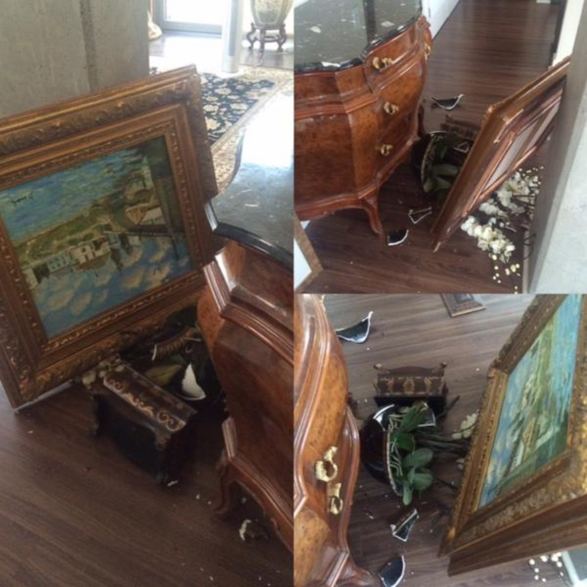 PHOTO: The quake caused flowers and a framed painting to tumble off this dresser at Liz Dawson's house.
