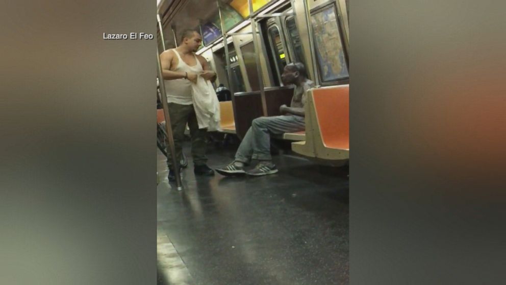 PHOTO: Joey Resto, 23, gave a homeless man the shirt off his back while riding on a downtown "A" train in New York City Friday night. 
