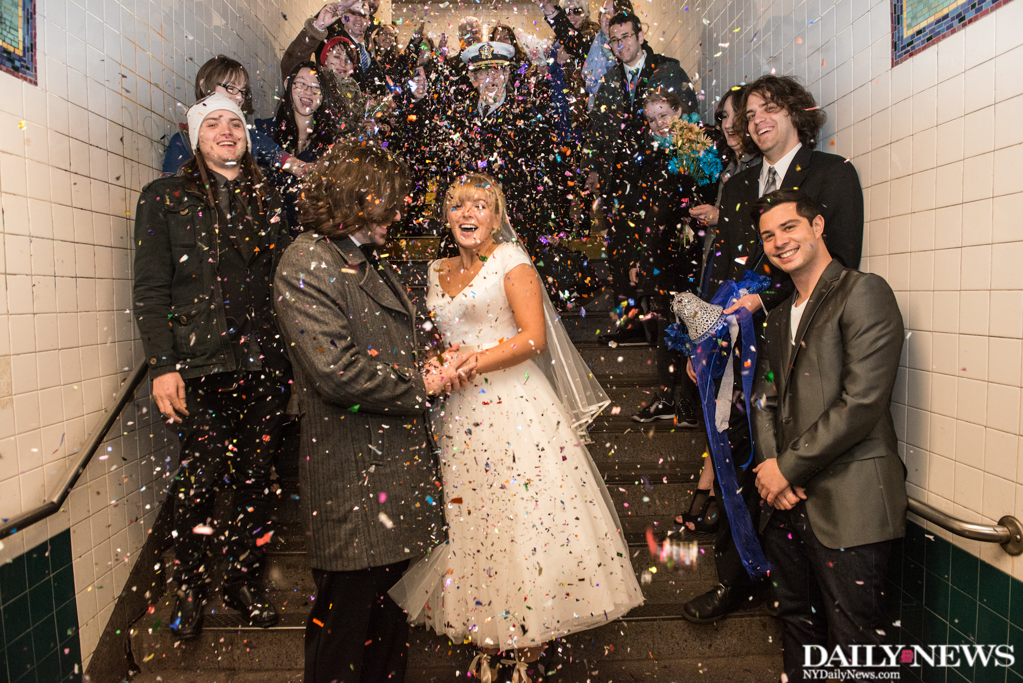PHOTO: Hector Irakliotis and Tatyana Sandler celebrate their wedding on the N train