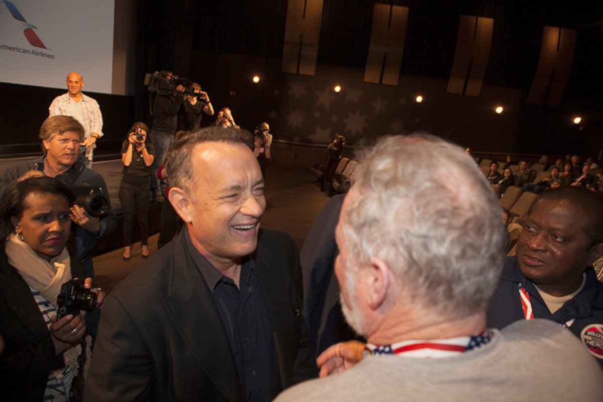 PHOTO: Tom Hanks greets wounded soldiers at a screening of "Forrest Gump" in Hollywood during a free trip set up by the Gary Sinise Foundation.