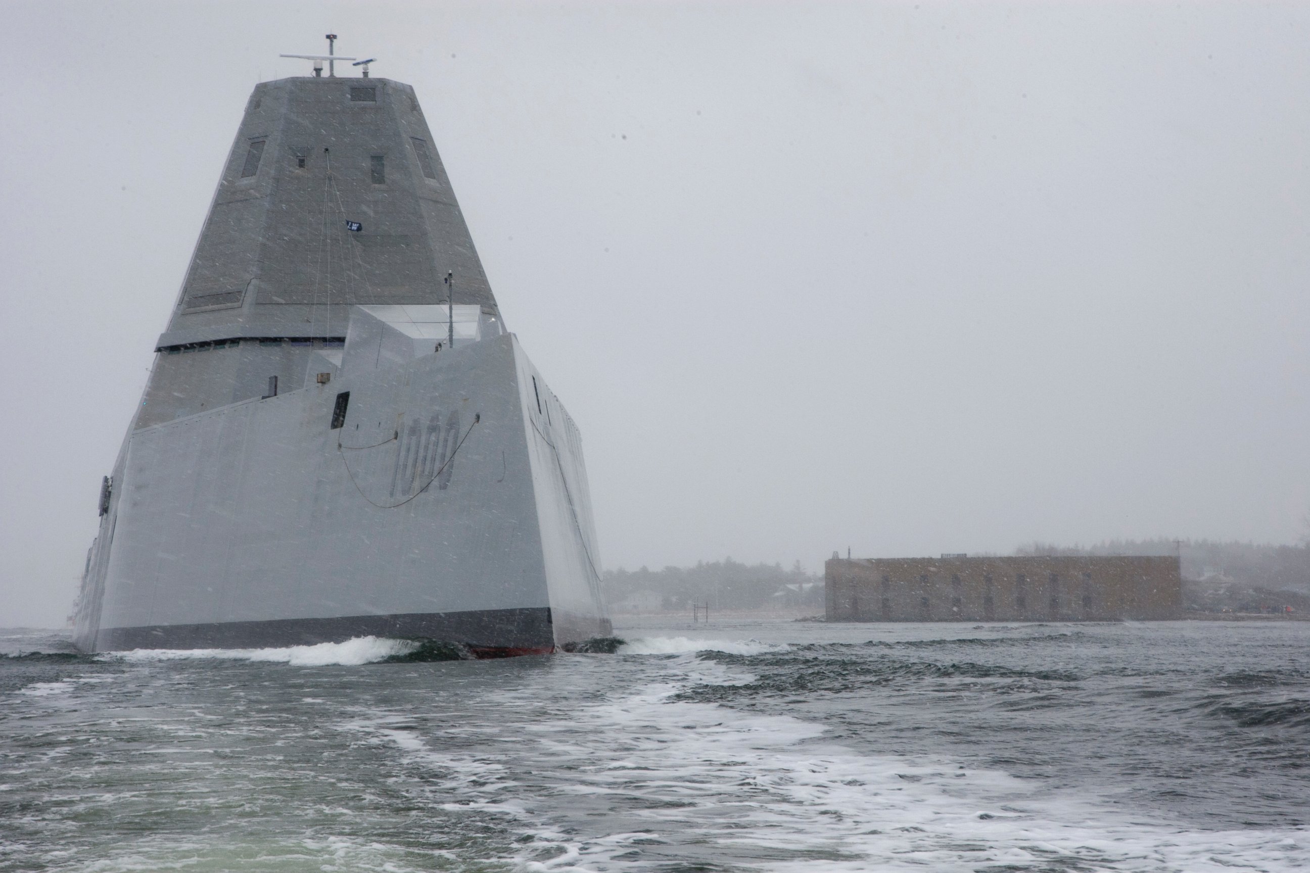 PHOTO: The future guided-missile destroyer USS Zumwalt (DDG 1000) departs the Bath Iron Works shipyard for its second at-sea period to conduct builder's trials, March 24, 2016.