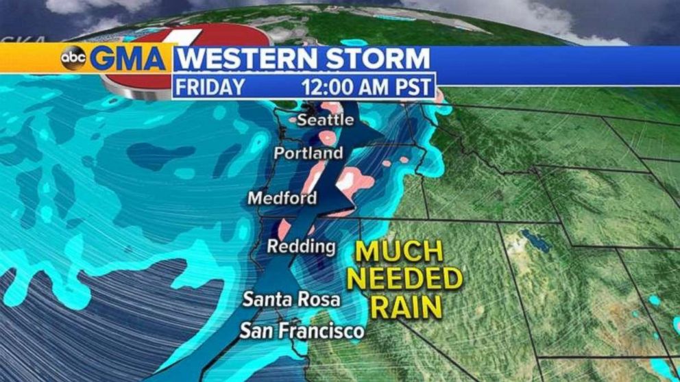 PHOTO: A weather map for the West, showing rain as it moves into the Napa Valley area of California late Thursday into early Friday morning.  