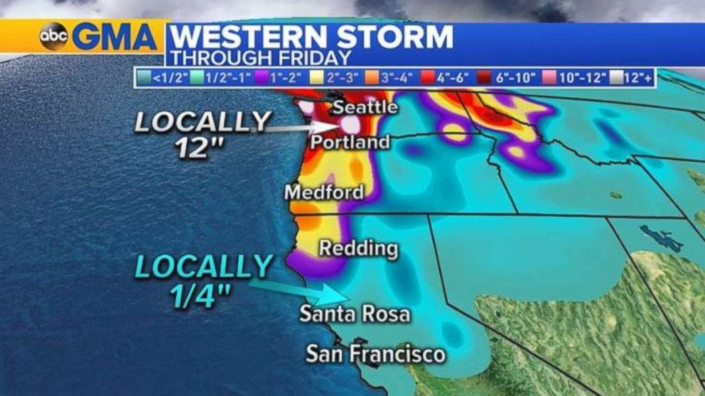 PHOTO: A weather map for the West, showing rain as it moves into the Napa Valley area of California late Thursday into early Friday morning.