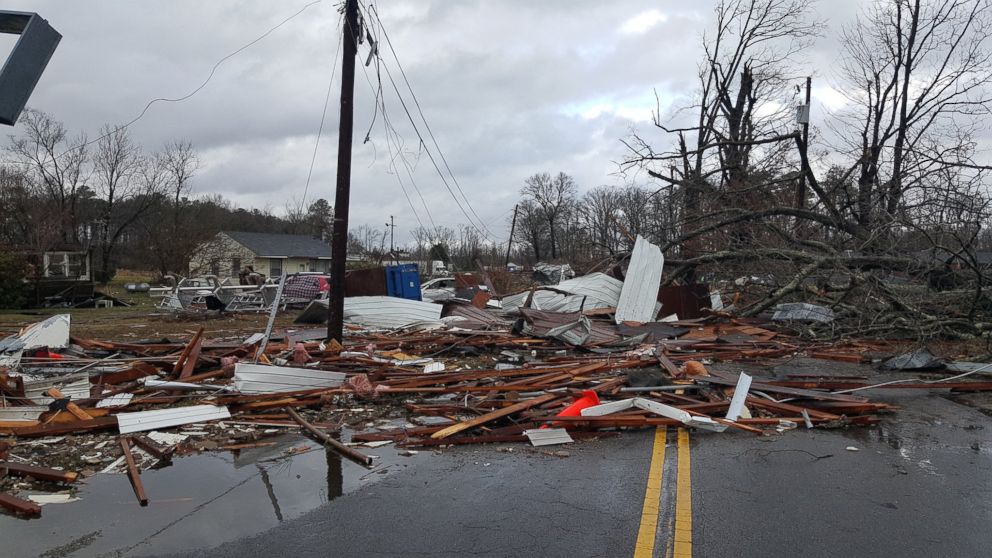 PHOTO: Debris was thrown across a road by bad weather near Waverly, Va., Feb. 24, 2016.