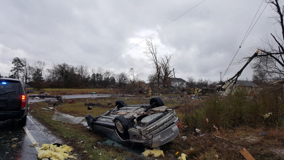 PHOTO: A car was flipped over by bad weather near Waverly, Va., Feb. 24, 2016.