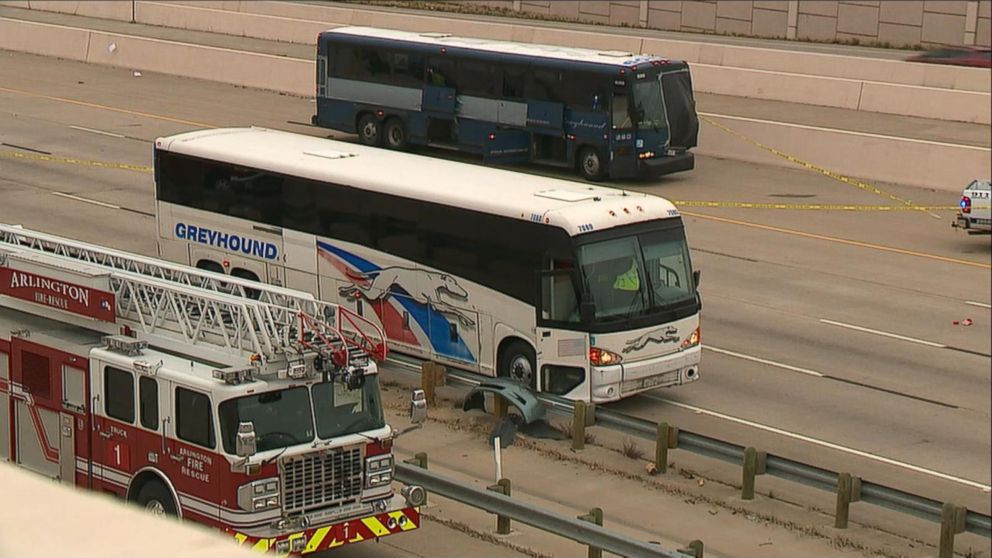 A multi-vehicle crash involving a Greyhound bus happened on Interstate 30 in Arlington, Texas, Dec. 20, 2015.