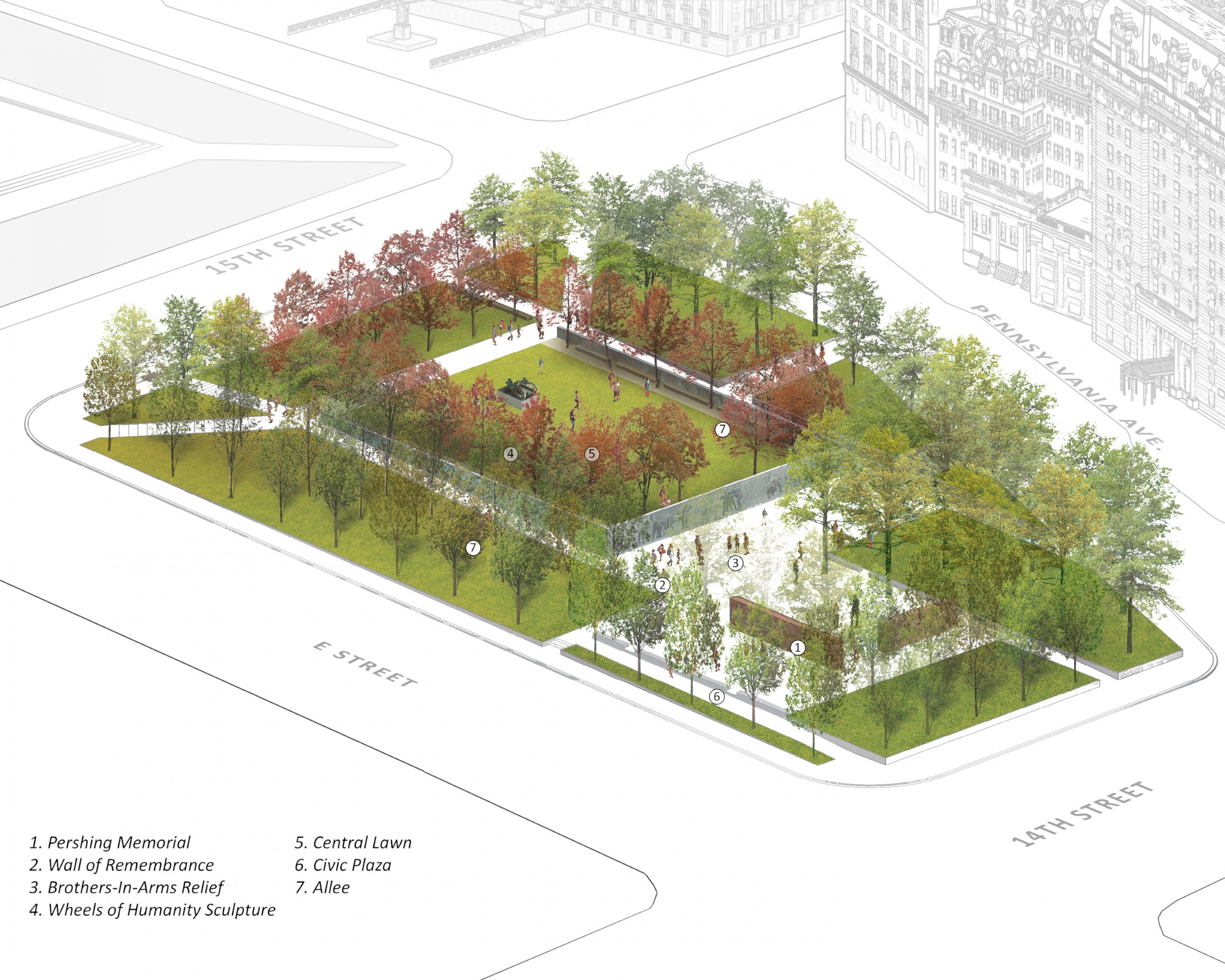 PHOTO: The winning design, as seen from this aerial rendering, features an expansive green space and bronze reliefs. 