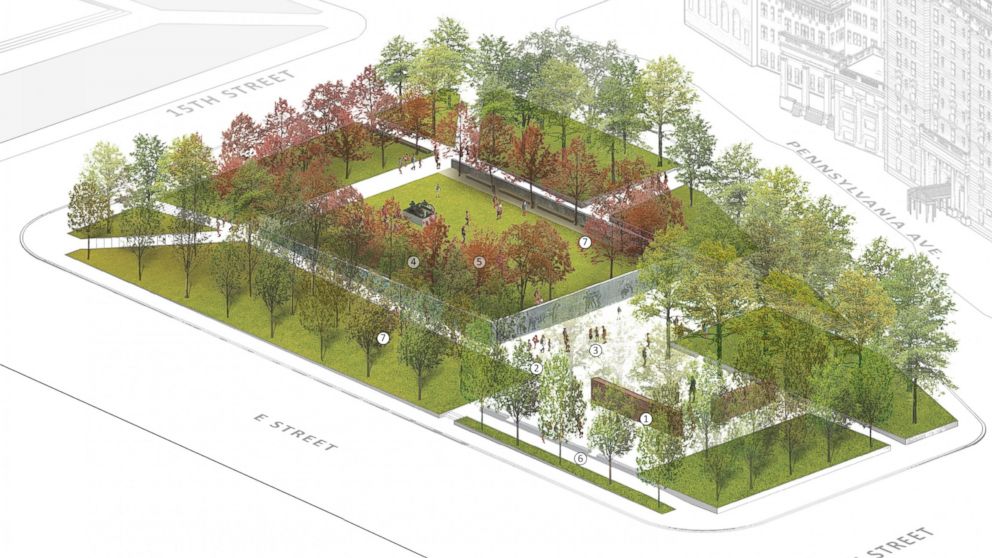 PHOTO: The winning design, as seen from this aerial rendering, features an expansive green space and bronze reliefs. 